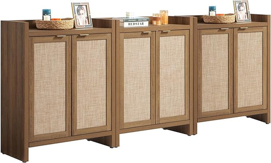 SICOTAS Shoe Cabinet Set of 3, Large Capacity Shoe Storage Organizer Cabinet, Tall Rattan Shoe Cabinet with Doors and Shelves, 6-Tier Farmhouse Boho Wooden Storage Cabinet for Entryway Hallway