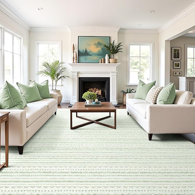 Sage Green Boho Area Rugs 9x12 Living Room, Moroccan Large Rug Farmhouse Washable Rug with Non-Slip Backing, Neutral Morden Indoor Carpet for Bedroom Dining Room