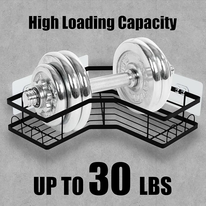 Adhesive Corner Shower Caddy, 2 Packs Shower Organizer Shelves No Drilling Stainless Steel Shower Storage Rack with Hooks & 2pcs Toothpaste Holders for Bathroom Rustproof, Space Saving (Black 4pcs)