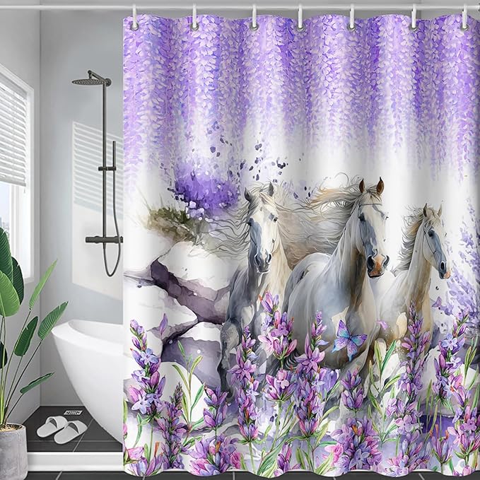 AILONEN Horse Shower Curtain for Boys Girls, Purple Lavender Flower Bath Curtain 48" W*72" H Galloping Horse Bathroom Curtain Polyester Waterproof Watercolor Bathroom Curtain with 12 Hooks