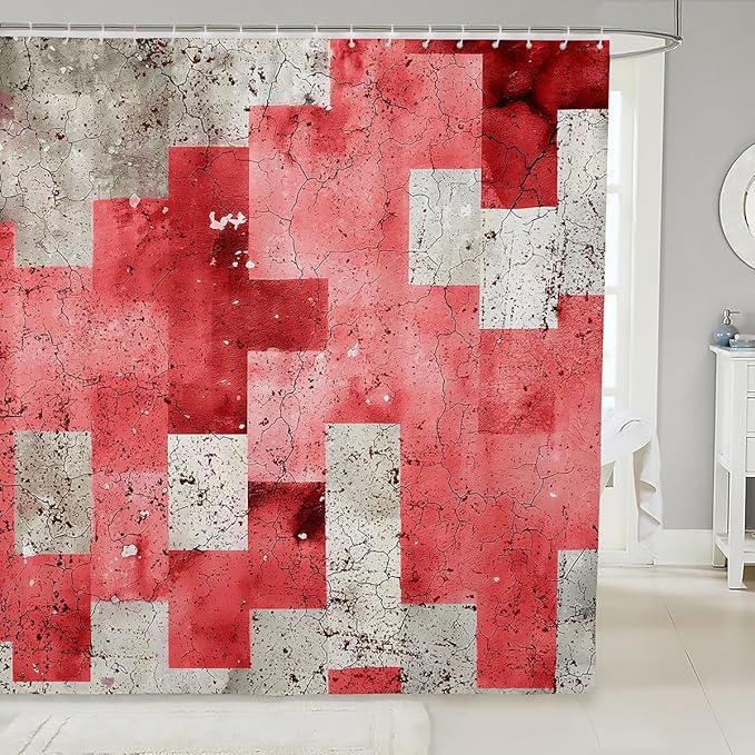 Feelyou Kids Geometric Red Shower Curtain Geometry Bath Curtain Boys Girls Checkered Bathroom Shower Curtain Set Modern Art Teens Bathroom Accessories Room Decor 72"x78"