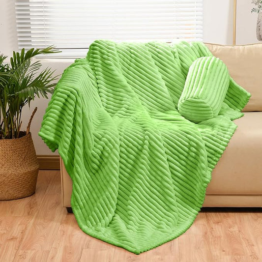 Bnuitland Light Green Flannel Throw Blanket (60X80 inches) with Storage Pouch,300GSM Super Soft Fleece Stripe Pattern Sofa Blanket for Adults, Lightweight Cozy Bed Throw for Home Decor All Season