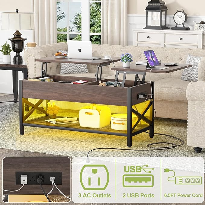 Aheaplus Coffee Table, Lift Top Coffee Table with LED light and Power Outlet, Modern Lift-Top Table with Storage Shelf, Center Table for Living Room with Lift Tabletop, X Support Metal Frame, Espresso