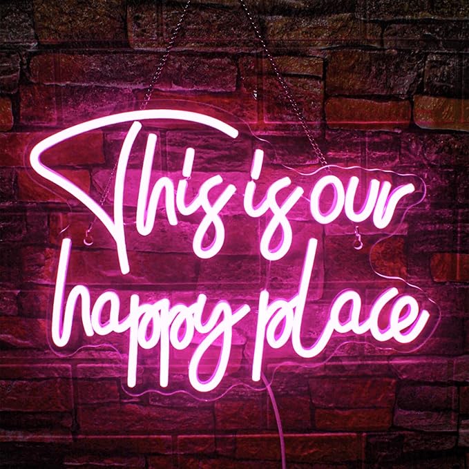 NOSUN This is Our Happy Place Neon Sign Pink Neon Signs for Wall Decor Pink Neon Light Sign with Dimmable Letter Neon Signs for Bedroom Bar Party Club Home Wedding Birthday Party LED Neon Decorations