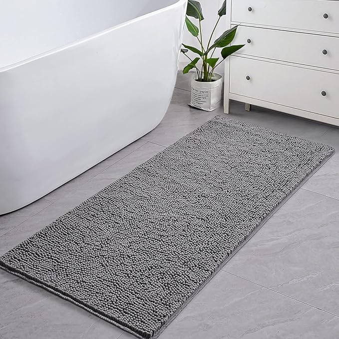 LOCHAS Luxury Bathroom Rug Shaggy Bath Mat 24 x 70 Inch, Washable Non Slip Bath Rugs for Bathroom Shower, Soft Plush Chenille Absorbent Carpets Mats, Gray