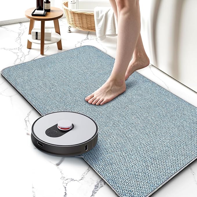 Upgraded Thin Bathroom Rugs, Bath Mat Super Absorbent, Bath Rugs Rubber Backing Non-Slip, Quick Dry Machine Washable, Cozy Cloth Bathroom Mat fit Under Door/Sink/ Bathtub/Shower/Kids 20''x24''-Blue