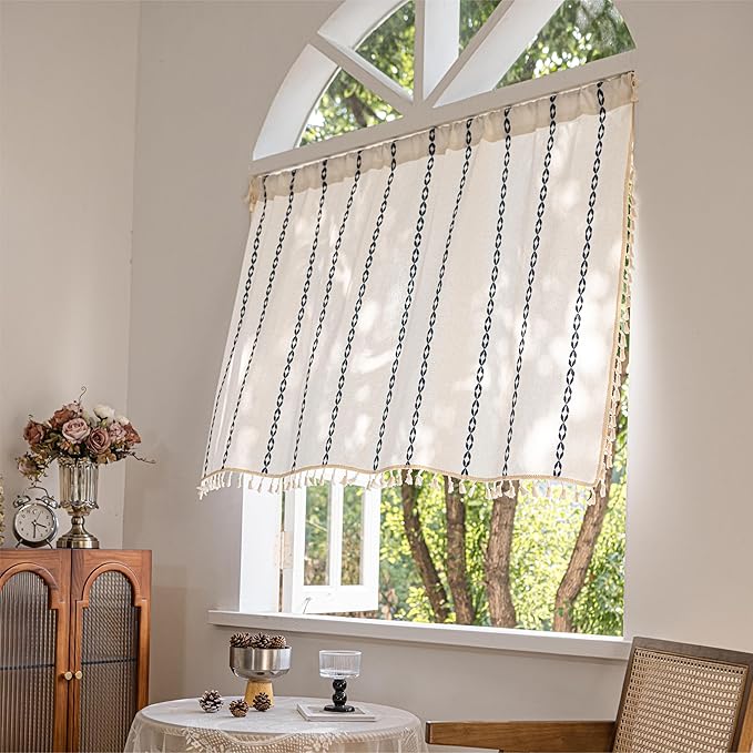 Sutuo Home Boho Valance Curtain 18 inches for Cafe Dining Room, Short Farmhouse Vintage Tassels Window Treatment Bohemian Embroidery Drape, Rod Pocket 1 Panel 52" W x 18" L, White and Navy Blue