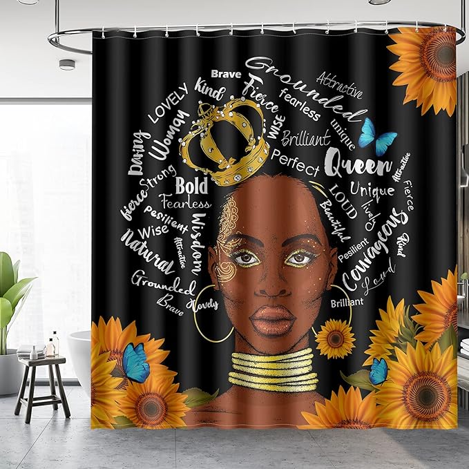 Aimego African American Shower Curtains Black Girl Woman with Sunflower Butterflies Farmhouse Shower Curtain Set with 12 Hooks for Bathroom Decor Accessories Bathtub Curtain, 72"x72"