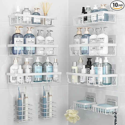 10 Pack Shower Caddy Organizer Rack Shelf for Inside Shower, Self Adhesive Wall Storage Basket Rustproof Stainless Steel Shampoo Holder Bathroom Accessory Decor Set, White
