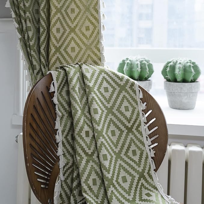 ColorBird Sage Green Curtains 63 inch Length, Geometric Room Darkening Curtains for Bedroom, 2 Panels Boho Curtains for Living Room Sliding Glass Door