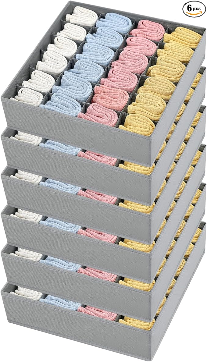 Joyoldelf Sock Organizer Drawer Organizer - Underwear Organizer, 24 Cell Collapsible Closet Organizers and Storage Sock Holders Organizers for Storing Socks, Ties, Belts 6 Pack