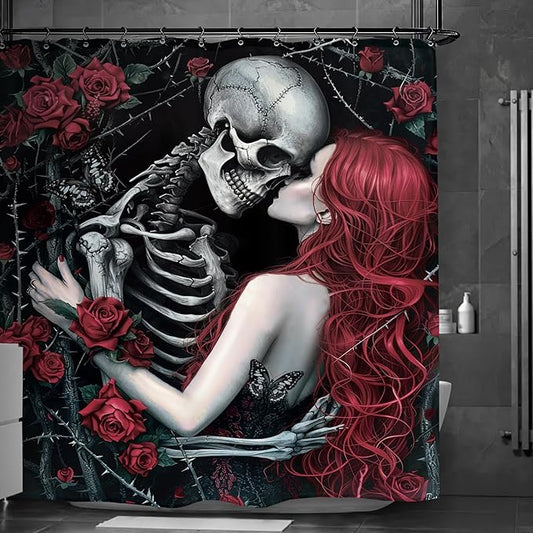 Skull Rose Gothic Halloween Shower Curtain 60Wx72L Inch Skeleton Scary Horror Black Red Horror Spooky Flower Floral Holiday Bathroom Set Accessories Decor with 12 Pack Hooks