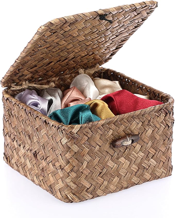 Hipiwe Seagrass Basket with Lid Wicker Storage Basket Square Handwoven Decorative Baskets Box for Shelf Multipurpose Household Baskets Home Decor,X-small