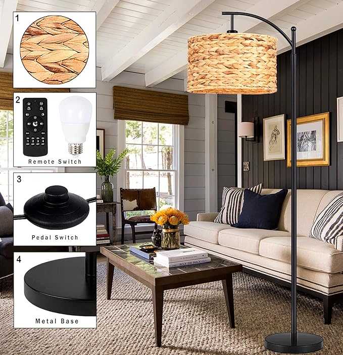 Floor Lamp for Living Room Bedroom Rattan Boho Arc Standing Lamp with Remote Dimmable Black Wicker Bamboo Lamp Shade Floor Light Adjustable Tall Lamp Farmhouse Industrial Floor Lamps Bohemian