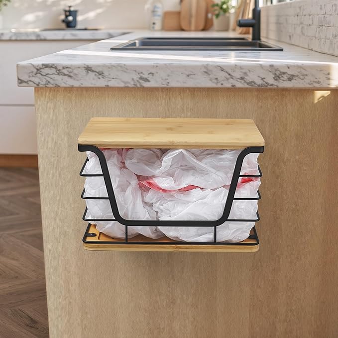 Extra Large Trash Bag Dispenser With Bamboo Top, Stainless Steel Stackable Garbage Bag Holder for Giant Trash Bags, Black