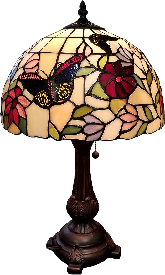 Amora Tiffany Style Table Lamp Banker 19" Tall Stained Glass Red Green White Floral Flower Butterfly Antique Vintage Light Decor Bedside Living Room Bedroom Handmade Gift AM061TL12B Lighting