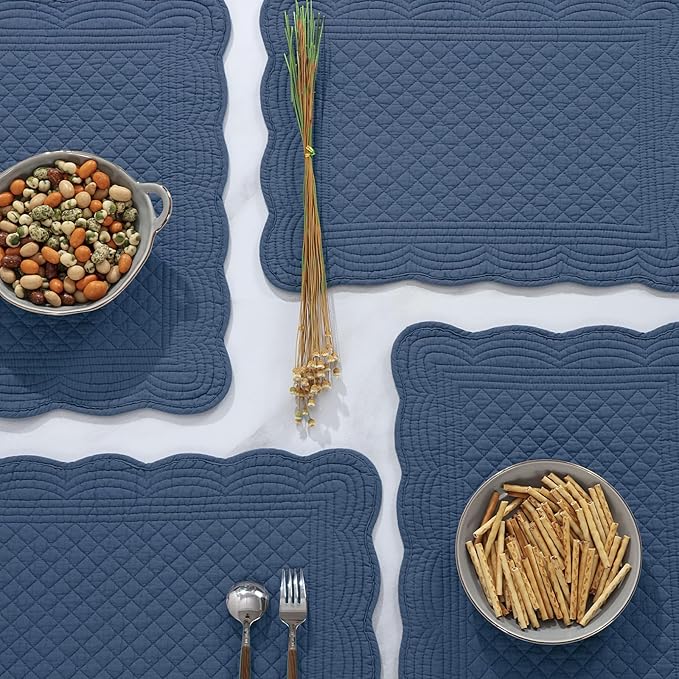 HOMBYS Quilted Placemats Set of 6 Washable-13x18 inches Rectangular Placemats for Kitchen Table-100% Cotton Fabric Rectangular Table Mats, (Sapphire Blue)