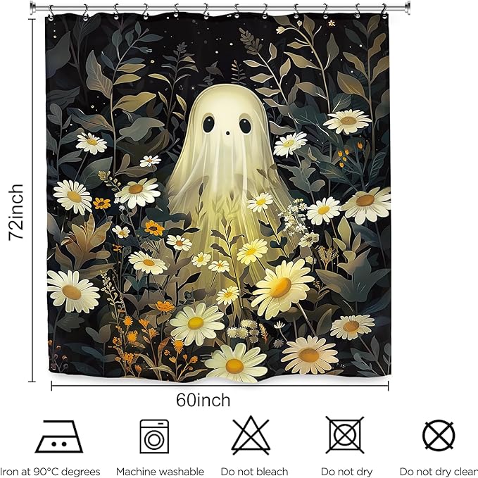 Halloween Ghost Shower Curtain 60Wx72L Inch Gothic Daisy Night Leaves Flower Floral Holiday Bathroom Set Accessories Decor with 12 Pack Hooks