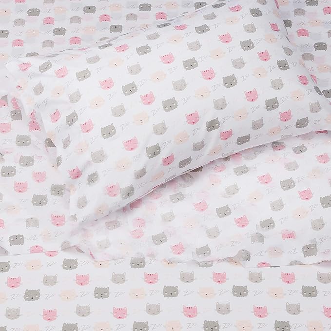 Amazon Basics Kid's Soft, Easy-Wash Microfiber 3-Piece Sheet Set, Twin, Peony Pink Kitties, Animal Print