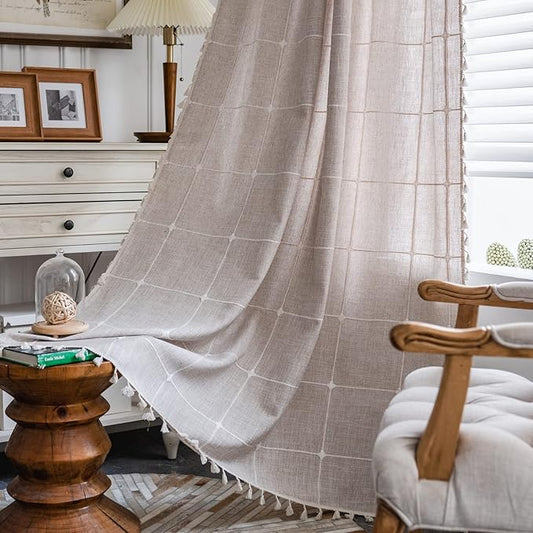ColorBird Farmhouse Semi-Blackout Window Curtains 2 Panels Embroidery Lattice Cotton Linen Darkening Curtains with Tassel Rod Pocket Window Drapes for Dining Living Bedroom (52" W x 63" L, Linen)