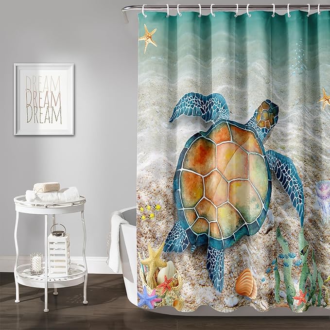 AILONEN Sea Turtle Shower Curtain,Beach Ocean Turtle Bath Curtain with 12 Plastic Hooks,Sea Animal Coast Shell Print Bath Curtain Polyester Waterproof 36" W*72" H