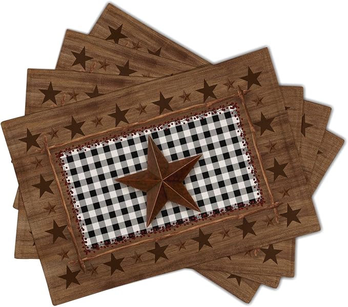 Western Texas Star Placemats for Dining Table Set of 4，Buffalo Plaid Country Wooden Plank Table Mats 18 x12 Inch Non-Slip Dining Table Place Mats for Party Kitchen Indoor Decor