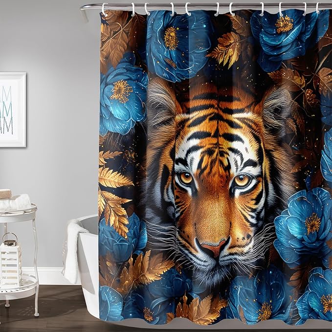 AILONEN Tiger Shower Curtains for Kids Boys,Blue Flower Tiger Bath Curtains,Wild Animal Curtains Polyester Waterproof,72" W*96" H with 12 Plastic Hooks
