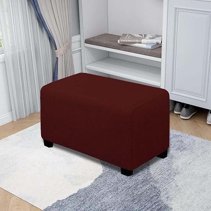 Easy-Going Stretch Ottoman Cover Folding Storage Stool Furniture Protector Soft Rectangle slipcover with Elastic Bottom(Ottoman Small,Wine)