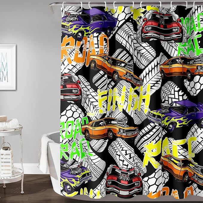 AILONEN Racing Car Shower Curtain for Bathroom Decor,Cool Racer Bath Curtain for Kids Boys Teens,Graffiti Printed Curtain Waterproof with 12 Plastic Hooks, 36" W x 72" H