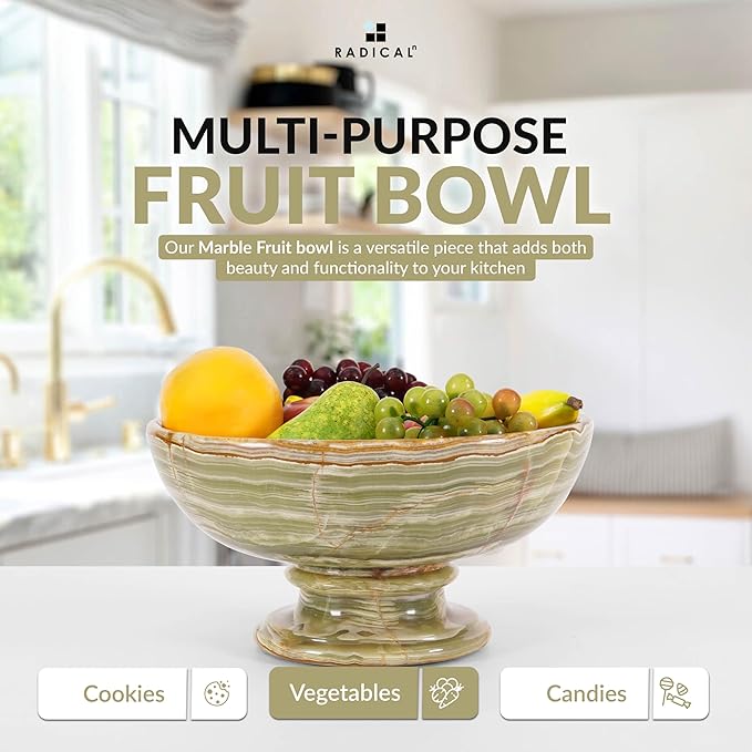 Radicaln Marble Fruit Dish Green Onyx 10" Inch Handmade Fruit Basket For Kitchen Counter, Decorative Bowls For Home Decor, Entryway Table Modern Candy Bowl