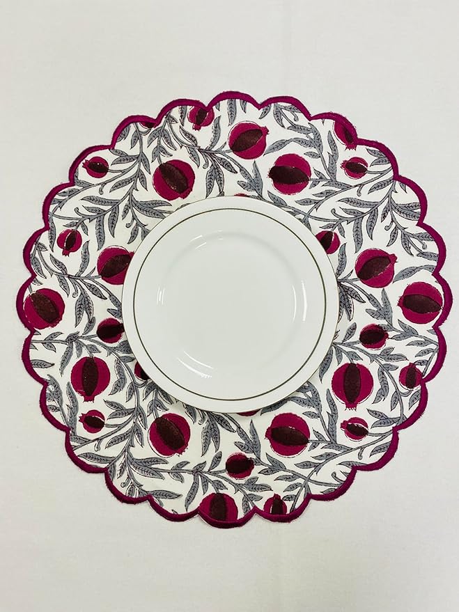 Ridhi Sangria Red Bo-ho Round Place Mat Double Layer Floral Cotton Washable Placemats 15" Round Embroidery Block Print Table Mat Pack of 4-15 Inch Round