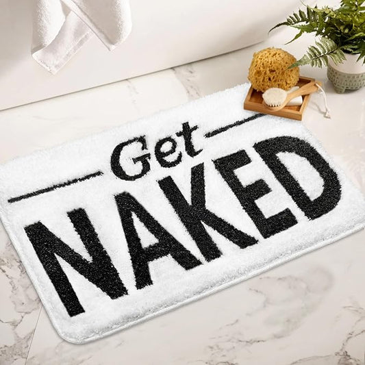 Small Get Naked Bathroom Rugs - Funny Bath Mats Non Slip Cute Carpet for Bathroom Floor Decor Water Absorbent Bath Rugs for Sink Bathtub and Shower White 16" x 24"