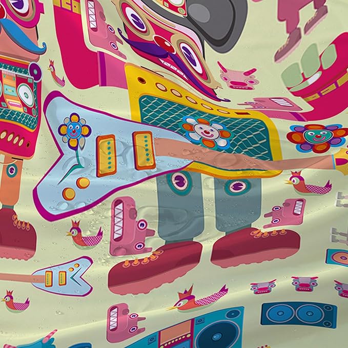 AILONEN Cartoon Robot Shower Curtain Sets,Beautiful Music Guitar Robots Theme Bathroom Decors, 60" W*72" H Cute Shower Curtain for Boys Girls Teens Kids