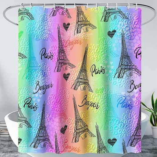 AILONEN Rainbow Shower Curtain for Bathroom, Rainbow Gradient Eiffel Tower Printed Bath Curtain,Women Girls Kids Minimalist Waterproof Fabric Shower Curtain Set with Hooks 72" W*78" H
