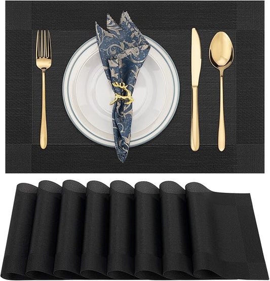 Winknowl Placemats, Set of 8 Heat Resistant Stain Resistant Woven Vinyl Insulation Place mats, Durable Washable Elegant Table Mats for Dining (Black)