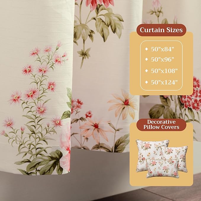 Maison d' Hermine Curtains for Living Room 100% Cotton 84 inch Length Two Panels Light Filtering Curtains for Bedroom Windows with Rod and Loop Pockets Drapes (Swyncombe Coral, 50" W x 84" L)