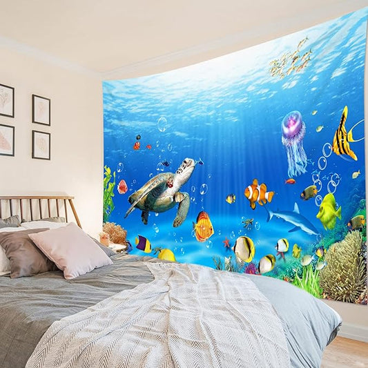 HVEST Sea Turtle Tapestry Tropical Fish Jellyfish and Coral Reef Under Blue Sea Wall Hanging Blanket Ocean Tapestries for Bedroom Living Room Dorm Decor,80Wx60H inches