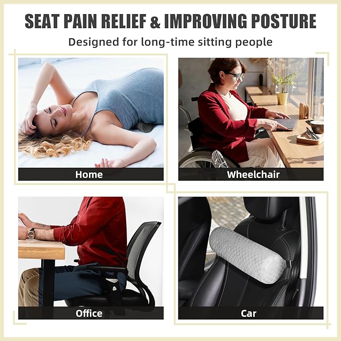 Lumbar Roll Pillow for Lower Back, Lumbar Support Foam Roll Cushion with Pillowcase and Upgraded Strap for Office, Chair, Car, Seat Pain Relief & Improving Posture (Light Grey, Long-15*4.3'')