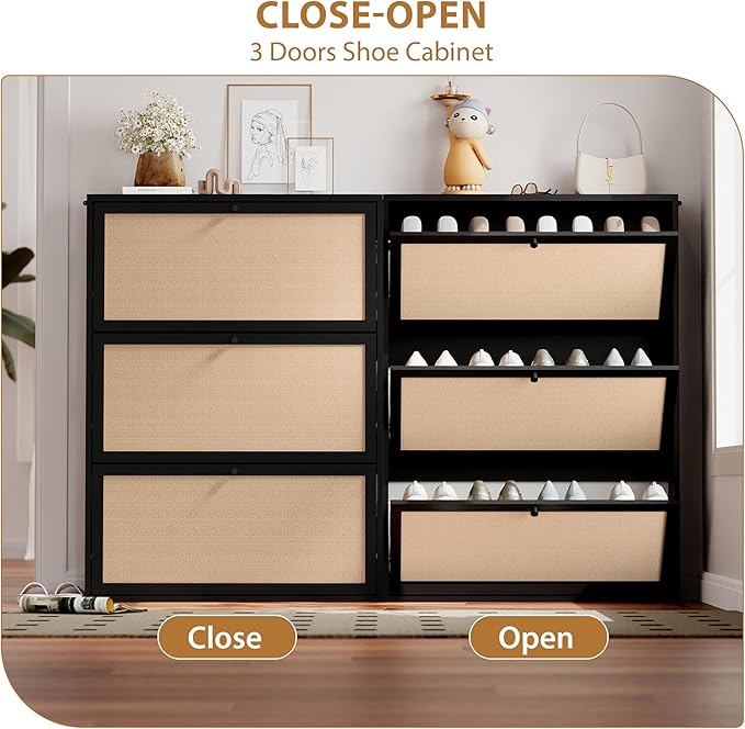 AVZEAR Narrow Shoe Storage Cabinet for Entryway with Natural Linen Panel, Freestanding Slim Shoe Cabinet with 3 Flip Drawers, Wood Shoe Organizer Closed Shoe Rack for Hallway, Living Room(Black)