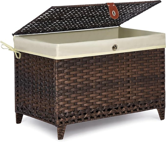 Wicker Storage Basket with Lid,Rattan Shelf Basket with Removable Liner Bag,160L Storage Bin,Storage Trunk with Heightened Feet,Storage Container for Wardrobe,Home Organizer