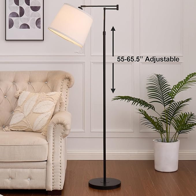 55"-65.5" Adjustable Floor Lamp for Living Room, Black Swing Arm Floor Lamps for Home, Modern Standing Lamp, Tall Black Floor Lamp for Reading, Home Office, Nursery, Bedroom