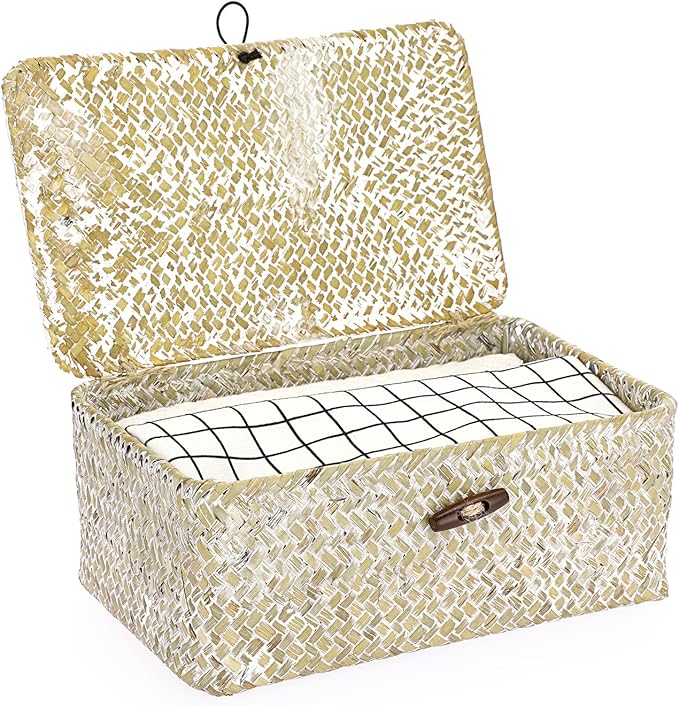 Hipiwe Wicker Shelf Baskets Bin with Lid Natural Seagrass Basket Storage Boxes Small Woven Basket Multipurpose Home Organizer Bins Box for Shelf Closet Bedroom Living Room Home Decor, Whitewash