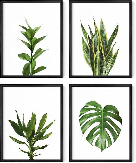 Haus and Hues Plant Wall Art - Set of 4 Botanical Prints, Sage Green Leaves Paintings, Minimalist Wall Art (Black Aluminum Frame, 11x14)