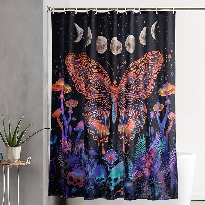 AILONEN Colorful Butterfly Shower Curtain,Magic Mushroom Waterproof Fabric Bath Curtain for Kids Girls,Boho Sun and Moon Skull Shower Curtain Set for Bathroom 48" W*72" H