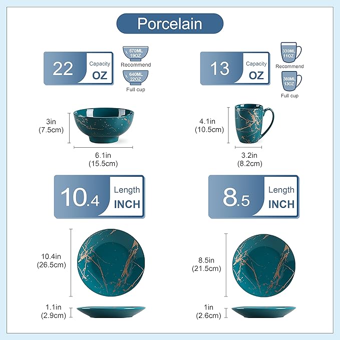 LOVECASA Porcelain Dinnerware Sets for 4, 16 PCS Plates and Bowls Set, Color Glaze with Gold Plate Dish Set, Dinner Sets with Dinner Plates, Dessert Plate, Bowls and Mugs, Dark Green