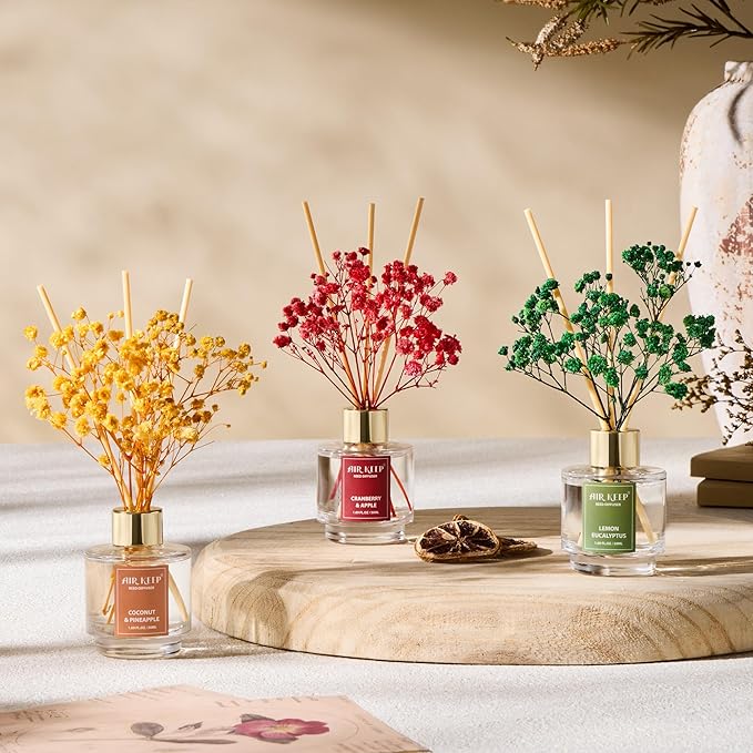 Airkeep Reed Diffuser Set of 3,Coconut Pineapple Lemon Eucalyptus Cranberry Apple Oil Reed Diffusers for Bedroom Living Room Office Aromatherapy Oil Reed Diffuser for Gift 50ml x 3