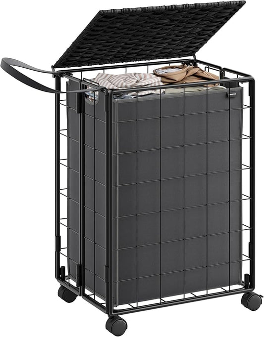 SONGMICS Laundry Hamper, 90L Laundry Basket with Lid, Clothes Hamper with Wheels, Collapsible Removable Liner Bag, Iron-Made Laundry Sorter, Ink Black and Slate Gray ULCB290B11