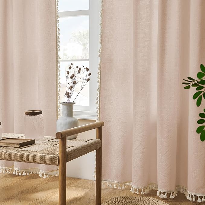 Joydeco Dusty Pink Boho Curtains 63 Inch Length 2 Panels, Super Soft Bohemian Farmhouse Curtains with Tassels, Semi Sheer Light Filtering Drapes for Bedroom Living Room (Rod Pocket, 52Wx63L)