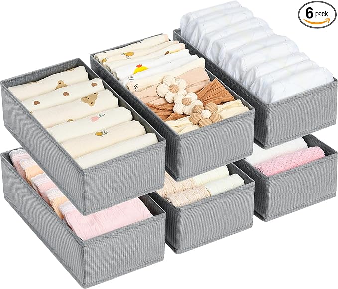 DIMJ Drawer Organizer Clothes - Underwear Organizer Small Sock Organizer Closet Organizers and Storage Box Dresser Drawer Dividers for Baby Clothes,Bra,Socks, Belt, Tie, Set of 6,Grey