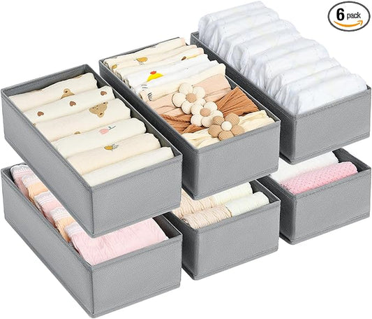 DIMJ Drawer Organizer Clothes - Underwear Organizer Small Sock Organizer Closet Organizers and Storage Box Dresser Drawer Dividers for Baby Clothes,Bra,Socks, Belt, Tie, Set of 6,Grey